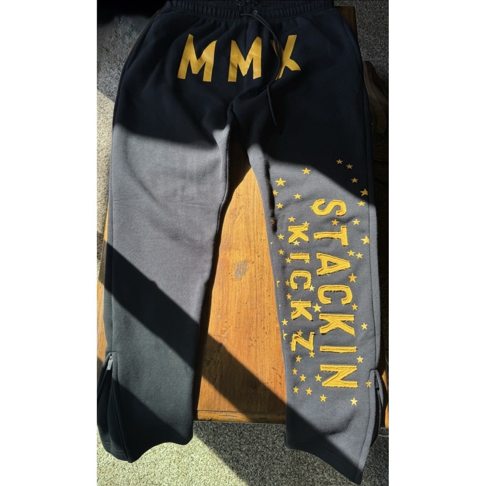 Men's XL Black Graphic Jogger Sweatpants Yellow Logo Zip Hem Streetwear EUC - Picture 3 of 11